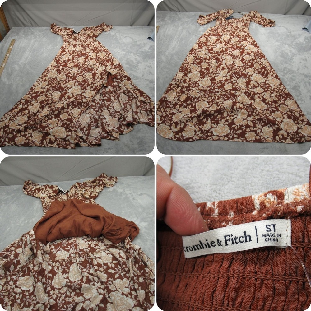 Abercrombie Fitch Dress Women Small Tall Brown Floral Lined Off Shoulder 46" NEW